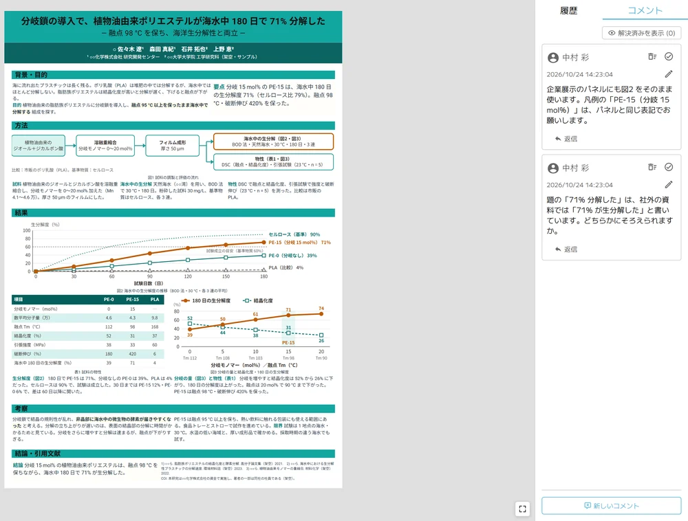 閲覧画面。左に学会ポスター、右に広報の担当者が書いた表記についてのコメントが2件並んでいる