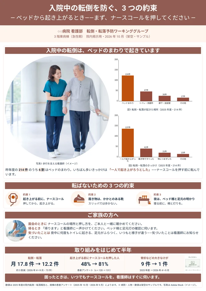 入院中の転倒を防ぐ3つの約束を患者さんとご家族に伝える病棟掲示のポスター作例