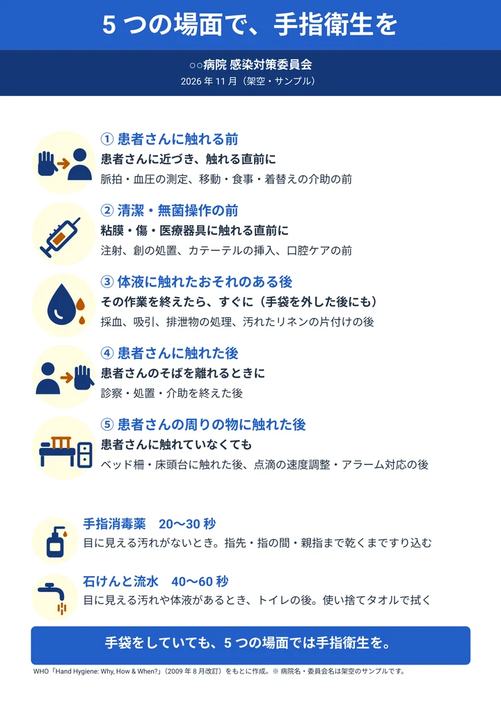手指衛生の5つの場面を示した院内掲示の作例
