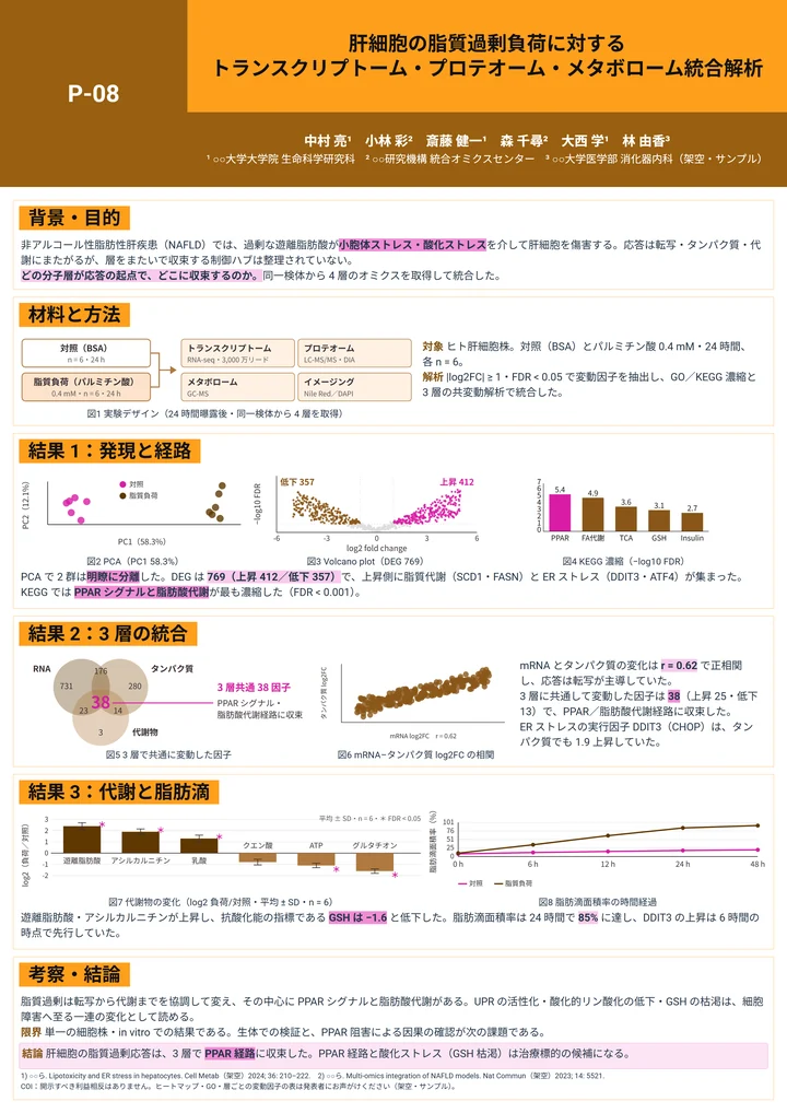 肝細胞の脂質過剰負荷に対するマルチオミクス統合解析のポスター作例