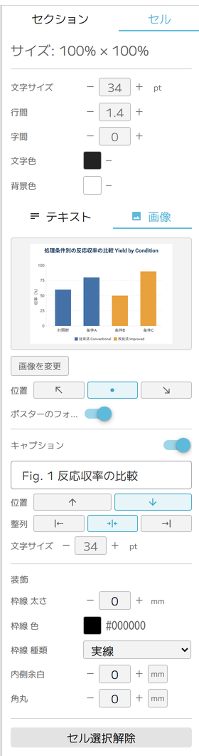 画像セル選択時の右パネル。画像の配置、フォント、キャプション、枠線を設定します。
