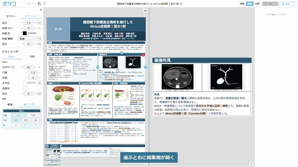 閲覧・簡易・詳細の3つのモードを切り替え、簡易でセルを選んで二分割で編集している画面