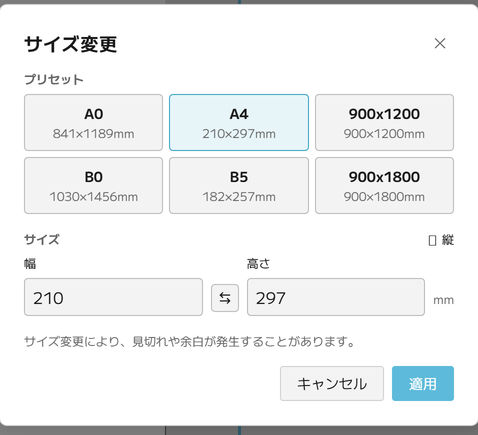 サイズ変更の画面。プリセット、幅・高さの直接指定、入れ替えは新規作成と共通です。
