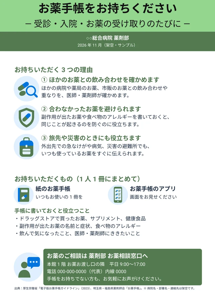 お薬手帳を持ってくる3つの理由と相談窓口を来院者に伝える薬剤部の院内掲示の作例
