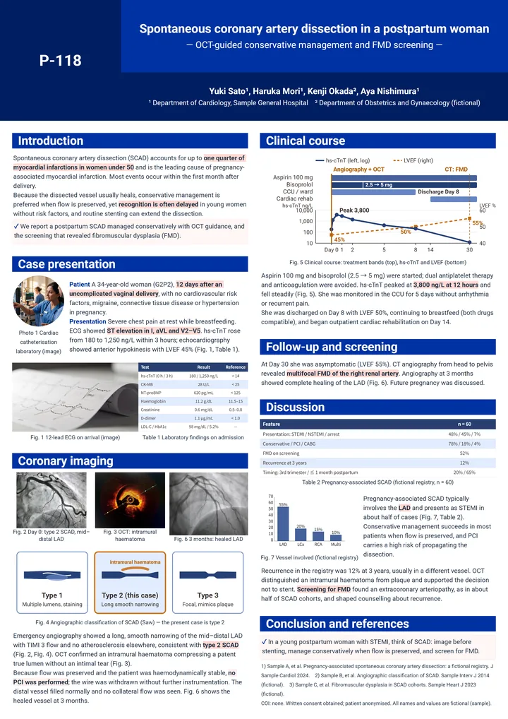 Spontaneous coronary artery dissection in a postpartum woman（症例報告・A0 縦・縦2列の作例）