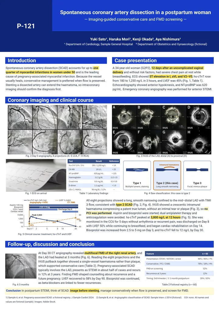 Spontaneous coronary artery dissection in a postpartum woman（症例報告・A0 縦・Z 型 2－1－1の作例）