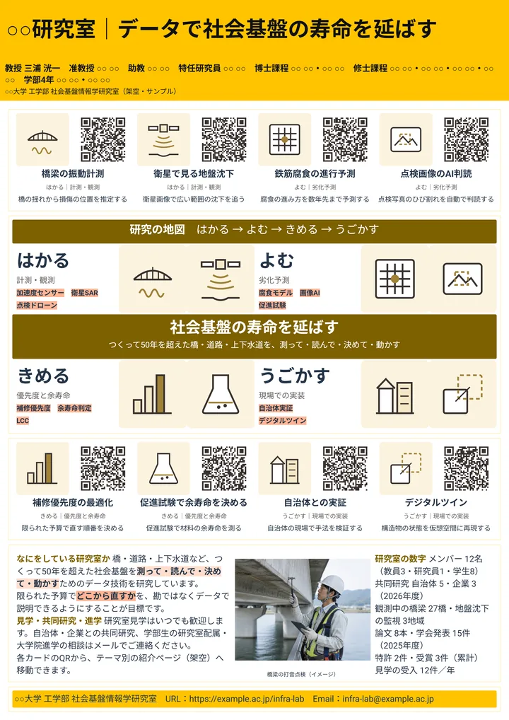 ○○研究室｜データで社会基盤の寿命を延ばす（大学・研究推進・A0縦・1段の作例）
