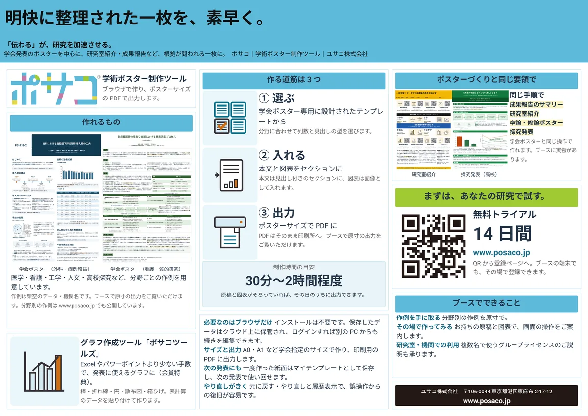 明快に整理された一枚を、素早く。（広報・展示・A0横・3段の作例）